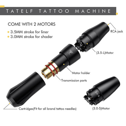 Set de tatuaj profesional cu masina de tatuat rotativa cu 2 motoare interschimbabile si sursa cu butoane tactile si ecran LCD, ace si cupe pentru vopsea