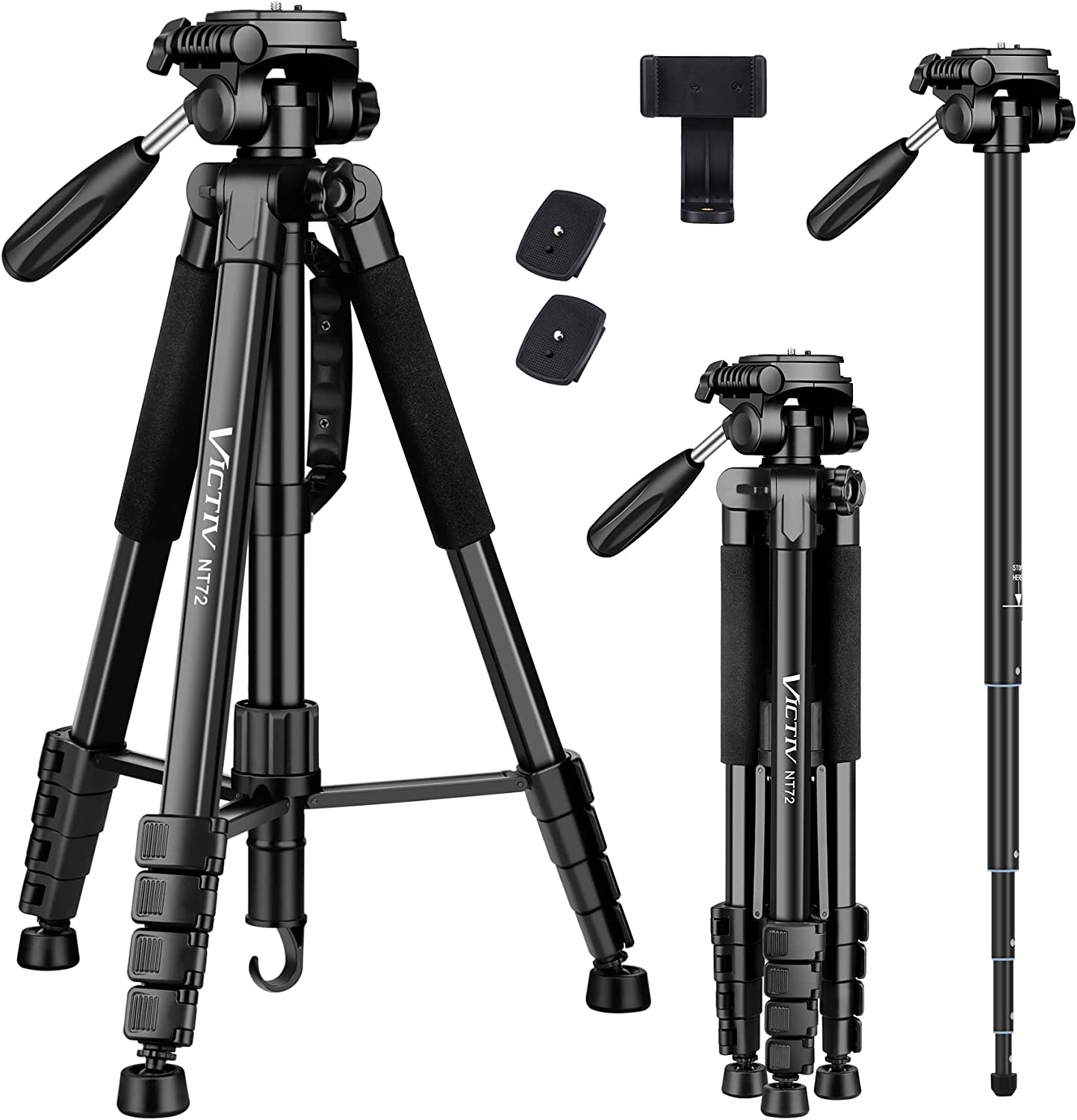 Trepied 2 in 1 monopied cu cap 360°, 48-182.8cm, cu 2 placi eliberare rapida si suport pentru telefon, pentru camere DSLR, camera video, smartphone, negru