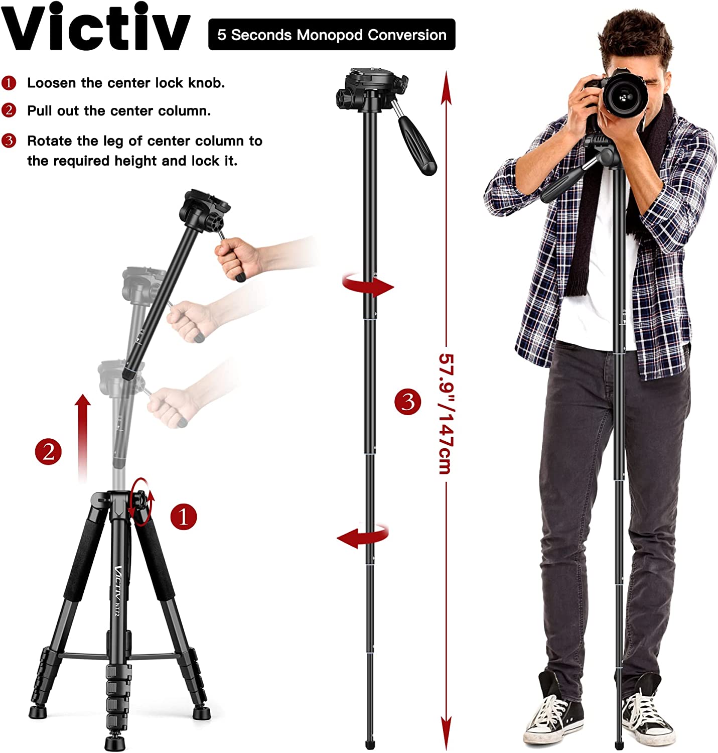 Trepied 2 in 1 monopied cu cap 360°, 48-182.8cm, cu 2 placi eliberare rapida si suport pentru telefon, pentru camere DSLR, camera video, smartphone, negru