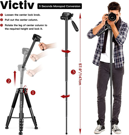 Trepied 2 in 1 monopied cu cap 360°, 48-182.8cm, cu 2 placi eliberare rapida si suport pentru telefon, pentru camere DSLR, camera video, smartphone, negru