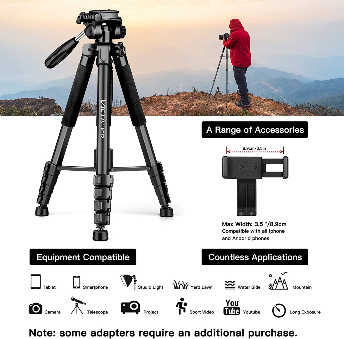 Trepied 2 in 1 monopied cu cap 360°, 48-182.8cm, cu 2 placi eliberare rapida si suport pentru telefon, pentru camere DSLR, camera video, smartphone, negru