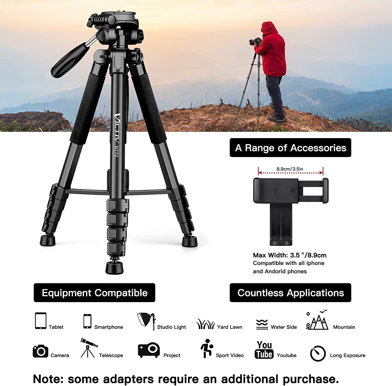 Trepied 2 in 1 monopied cu cap 360°, 48-182.8cm, cu 2 placi eliberare rapida si suport pentru telefon, pentru camere DSLR, camera video, smartphone, negru