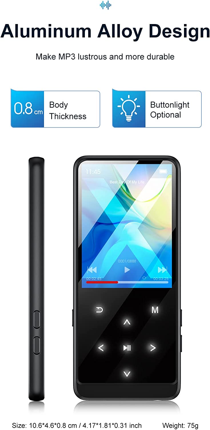 MP3 Player 64 GB cu Bluetooth, ecran de 2.4 inch, Radio FM, butoane touch, inregistrare voce, accepta card pana la 128 GB, cu incarcare USB C