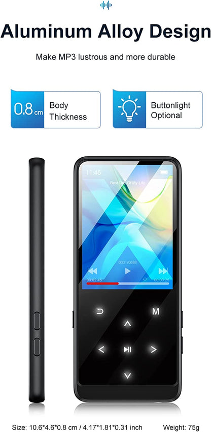 MP3 Player 64 GB cu Bluetooth, ecran de 2.4 inch, Radio FM, butoane touch, inregistrare voce, accepta card pana la 128 GB, cu incarcare USB C