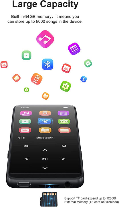 MP3 Player 64 GB cu Bluetooth, ecran de 2.4 inch, Radio FM, butoane touch, inregistrare voce, accepta card pana la 128 GB, cu incarcare USB C