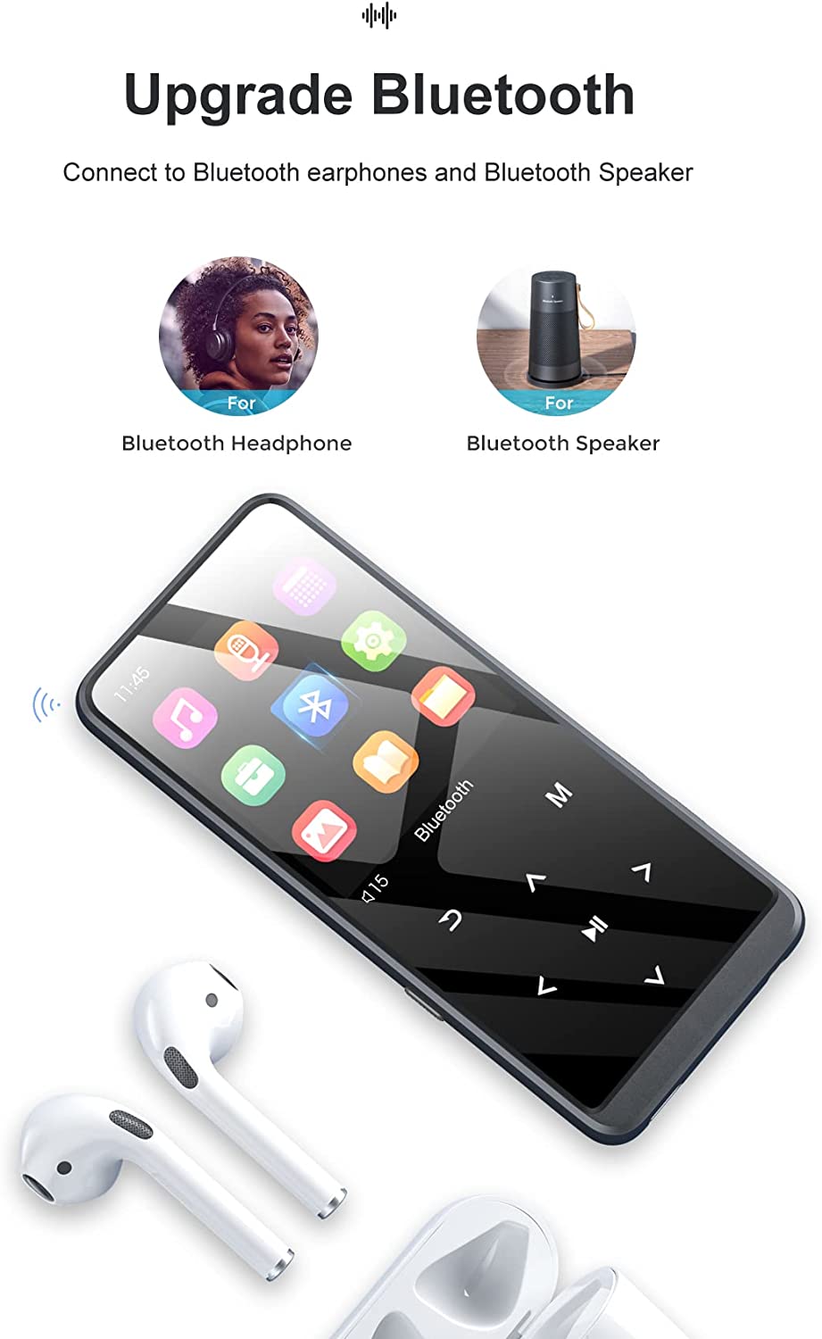 MP3 Player 64 GB cu Bluetooth, ecran de 2.4 inch, Radio FM, butoane touch, inregistrare voce, accepta card pana la 128 GB, cu incarcare USB C