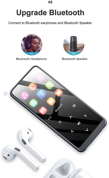 MP3 Player 64 GB cu Bluetooth, ecran de 2.4 inch, Radio FM, butoane touch, inregistrare voce, accepta card pana la 128 GB, cu incarcare USB C
