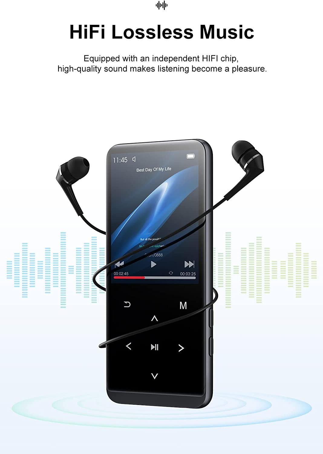 MP3 Player 64 GB cu Bluetooth, ecran de 2.4 inch, Radio FM, butoane touch, inregistrare voce, accepta card pana la 128 GB, cu incarcare USB C