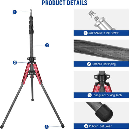 Trepied telescopic multifunctional din fibra de carbon, 220 cm, cu surub 1/4" si adaptor la 3/8", pliabil, cu geanta de transport, pentru lumina continua, softbox, Speedlite, Neeweer ST210R