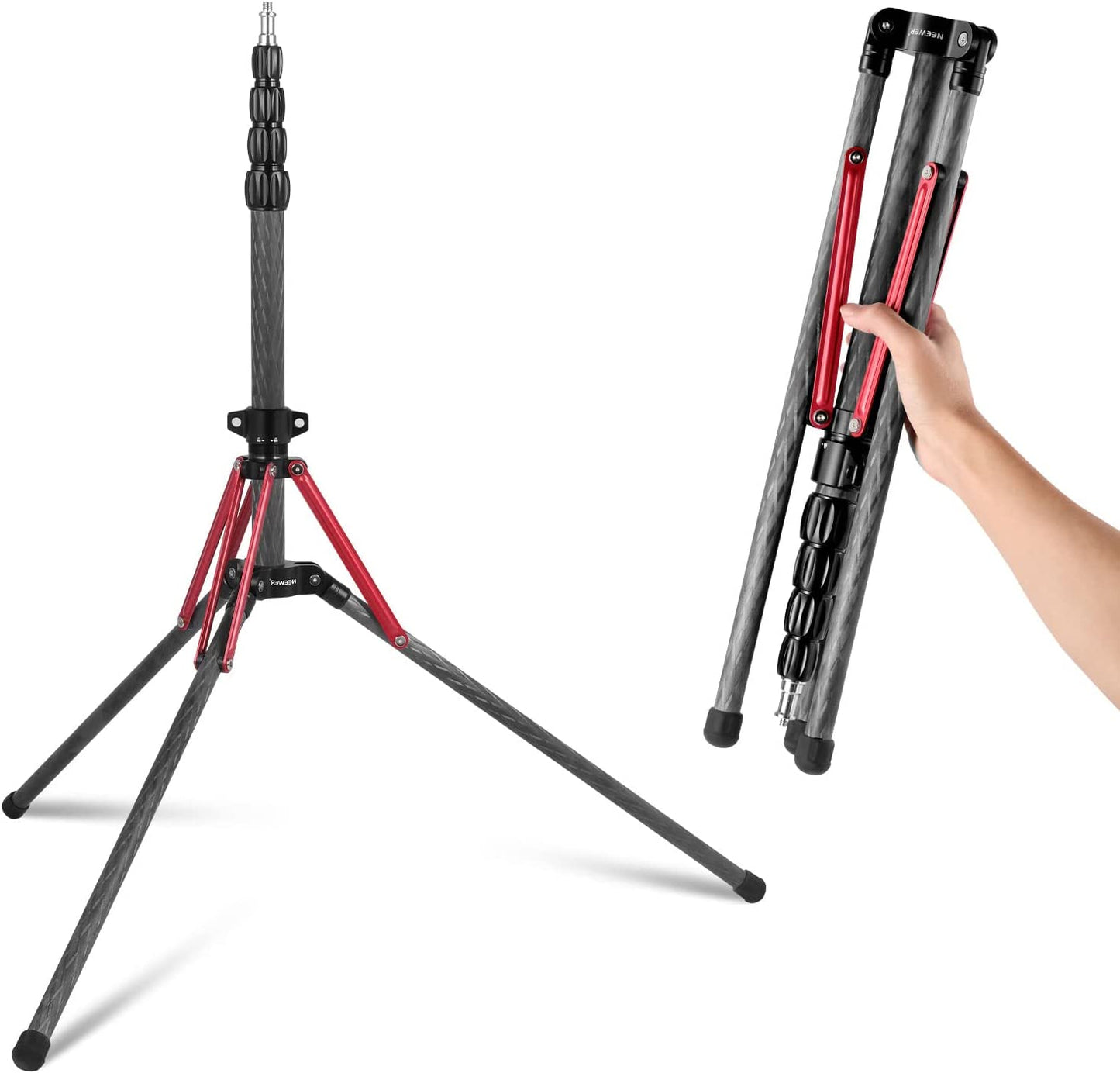 Trepied telescopic multifunctional din fibra de carbon, 220 cm, cu surub 1/4" si adaptor la 3/8", pliabil, cu geanta de transport, pentru lumina continua, softbox, Speedlite, Neeweer ST210R