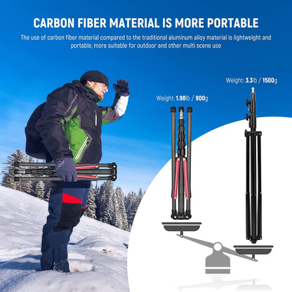 Trepied telescopic multifunctional din fibra de carbon, 220 cm, cu surub 1/4" si adaptor la 3/8", pliabil, cu geanta de transport, pentru lumina continua, softbox, Speedlite, Neeweer ST210R