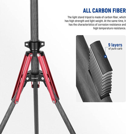 Trepied telescopic multifunctional din fibra de carbon, 220 cm, cu surub 1/4" si adaptor la 3/8", pliabil, cu geanta de transport, pentru lumina continua, softbox, Speedlite, Neeweer ST210R