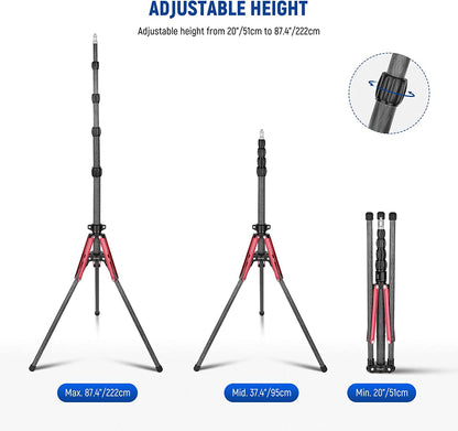 Trepied telescopic multifunctional din fibra de carbon, 220 cm, cu surub 1/4" si adaptor la 3/8", pliabil, cu geanta de transport, pentru lumina continua, softbox, Speedlite, Neeweer ST210R