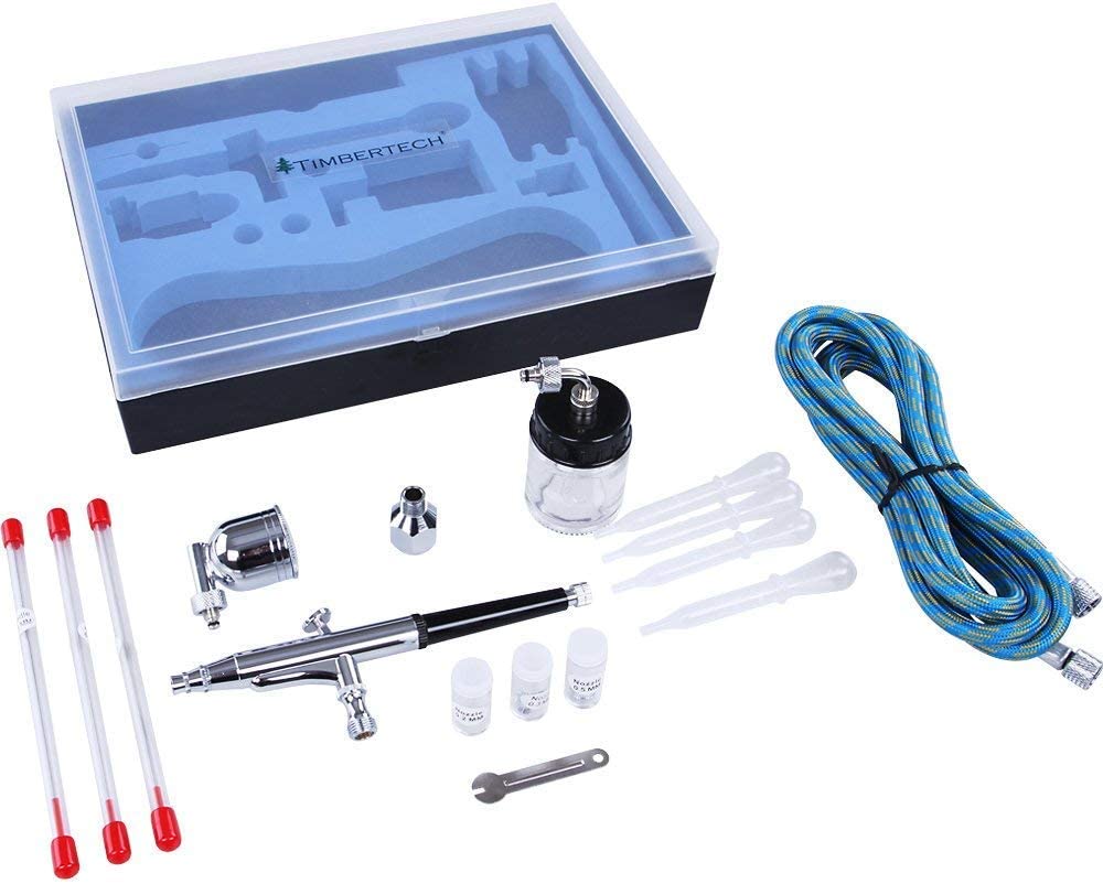 Set 2 aerografe cu duze de 0.2, 0.3, 0.5 mm, pipete, furtun, rezervor de 7 ml si rezervor de 22 ml, cu tije de curatare, Timbertech
