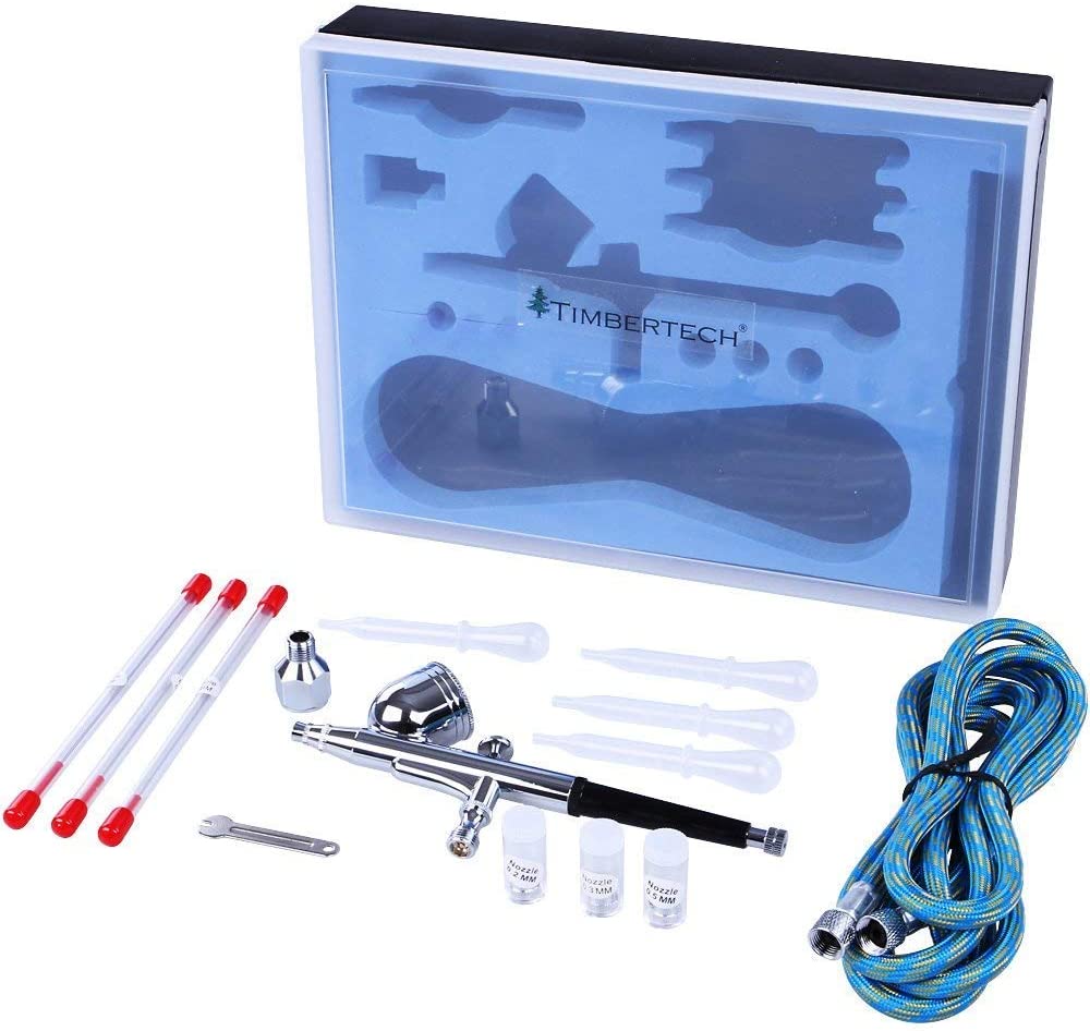 Set 2 aerografe cu duze de 0.2, 0.3, 0.5 mm, pipete, furtun, rezervor de 7 ml si rezervor de 22 ml, cu tije de curatare, Timbertech