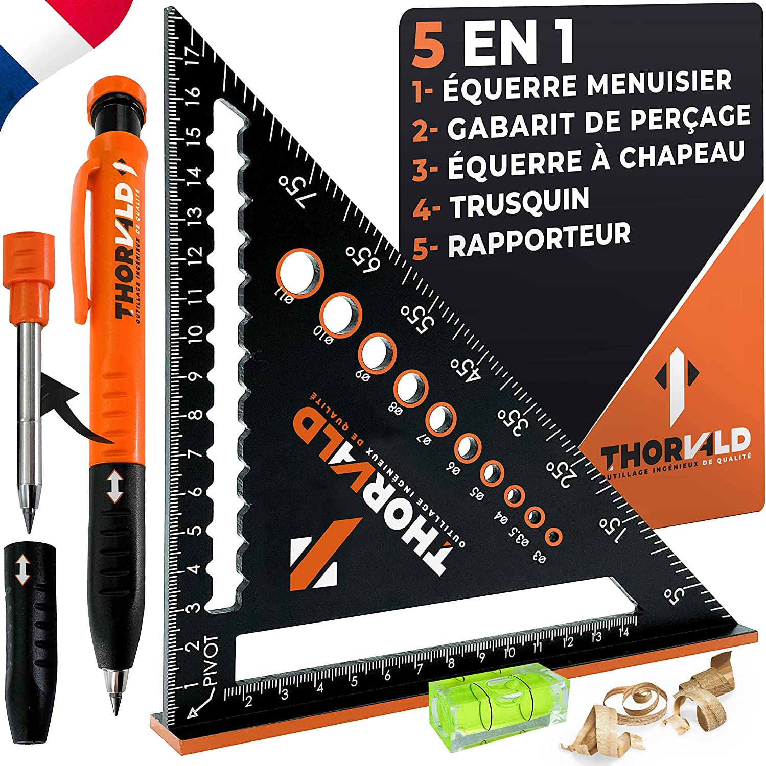 Set echer de tamplarie si creion mecanic, vinclu multifunctional de dulgherie din aluminiu, 180 mm, cu bula nivel
