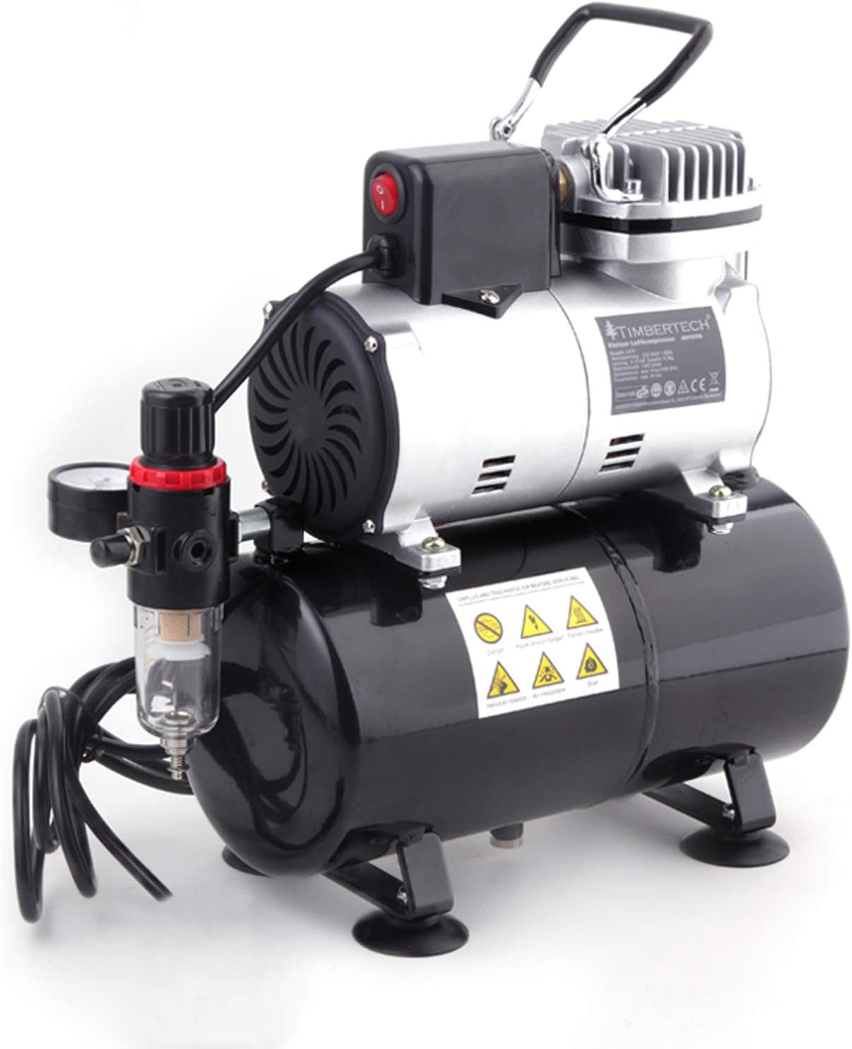 Compresor pentru aerograf cu regulator si filtru, 0-4 bar, cu ventilator de racire, fara ulei, cu manometru, silentios, Timbertech ABPST08