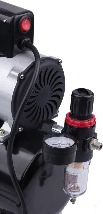 Compresor pentru aerograf cu regulator si filtru, 0-4 bar, cu ventilator de racire, fara ulei, cu manometru, silentios, Timbertech ABPST08