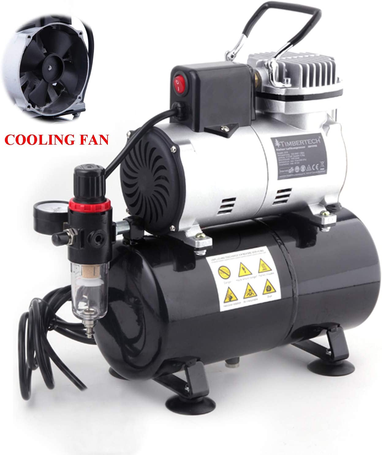 Compresor pentru aerograf cu regulator si filtru, 0-4 bar, cu ventilator de racire, fara ulei, cu manometru, silentios, Timbertech ABPST08