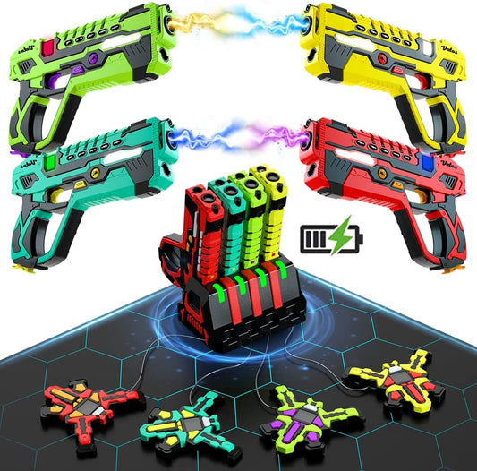 Set pistol infrared Laser Tag cu 4 pistoale reincarcabile, 4 veste, statie de incarcare, pentru interior si exterior, cu functie vibratie si efecte sonore