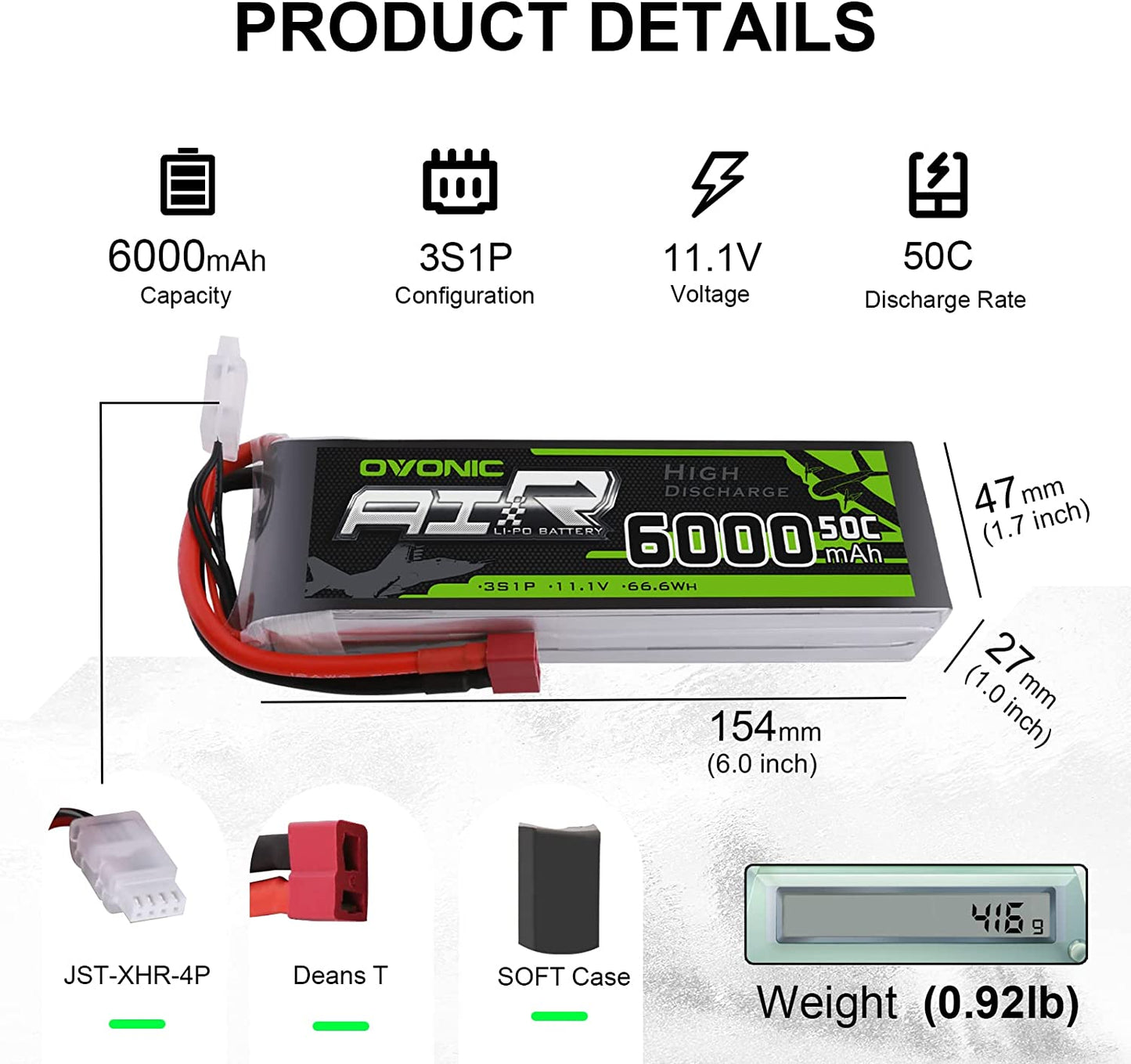 Baterie Lipo 11.1 V, 6000 mAh, acumulator reincarcabil cu mufa Deans T, rata de descarcare 50C, pentru FPV UAV RC, quadcopter