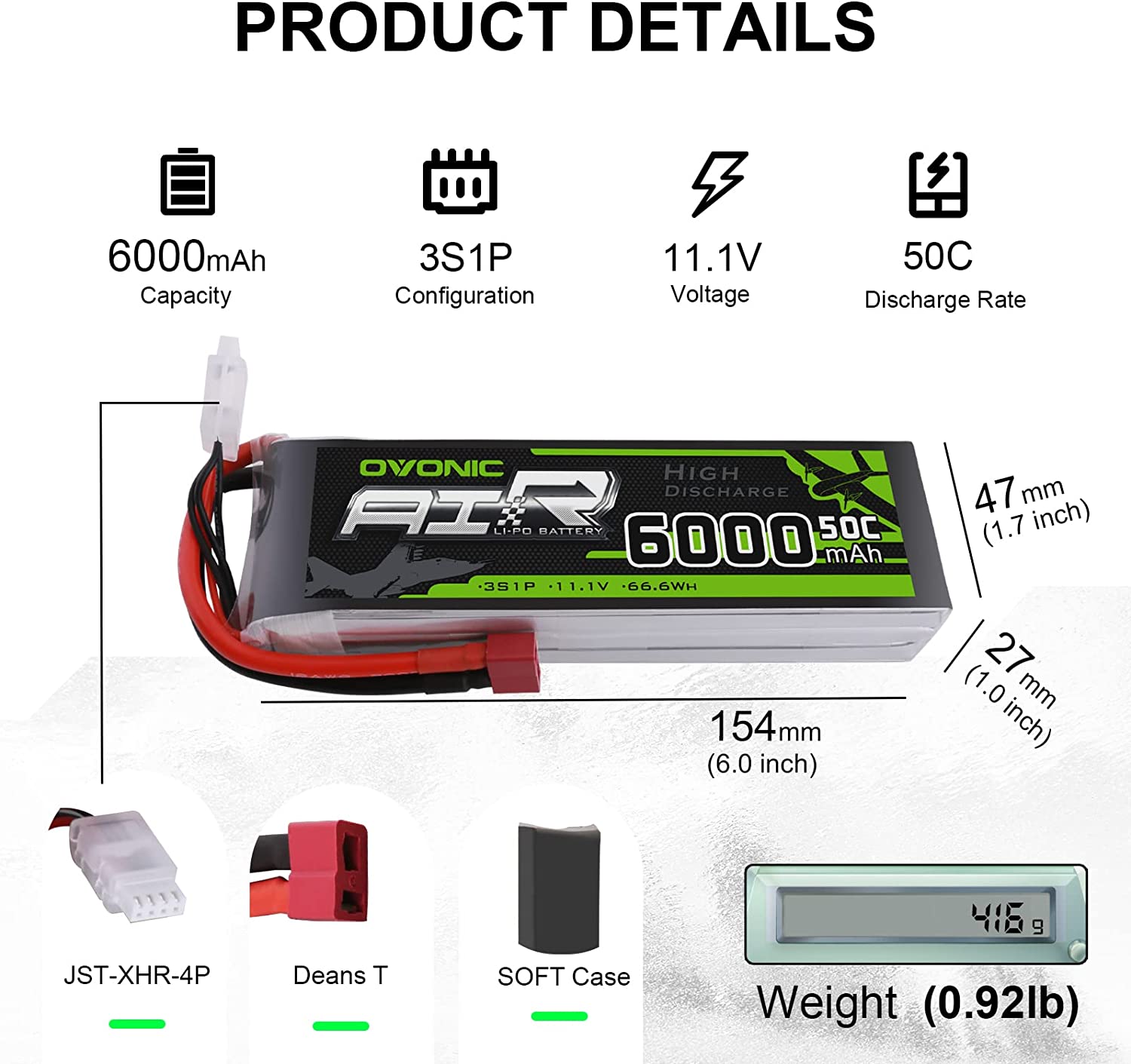 Baterie Lipo 11.1 V, 6000 mAh, acumulator reincarcabil cu mufa Deans T, rata de descarcare 50C, pentru FPV UAV RC, quadcopter