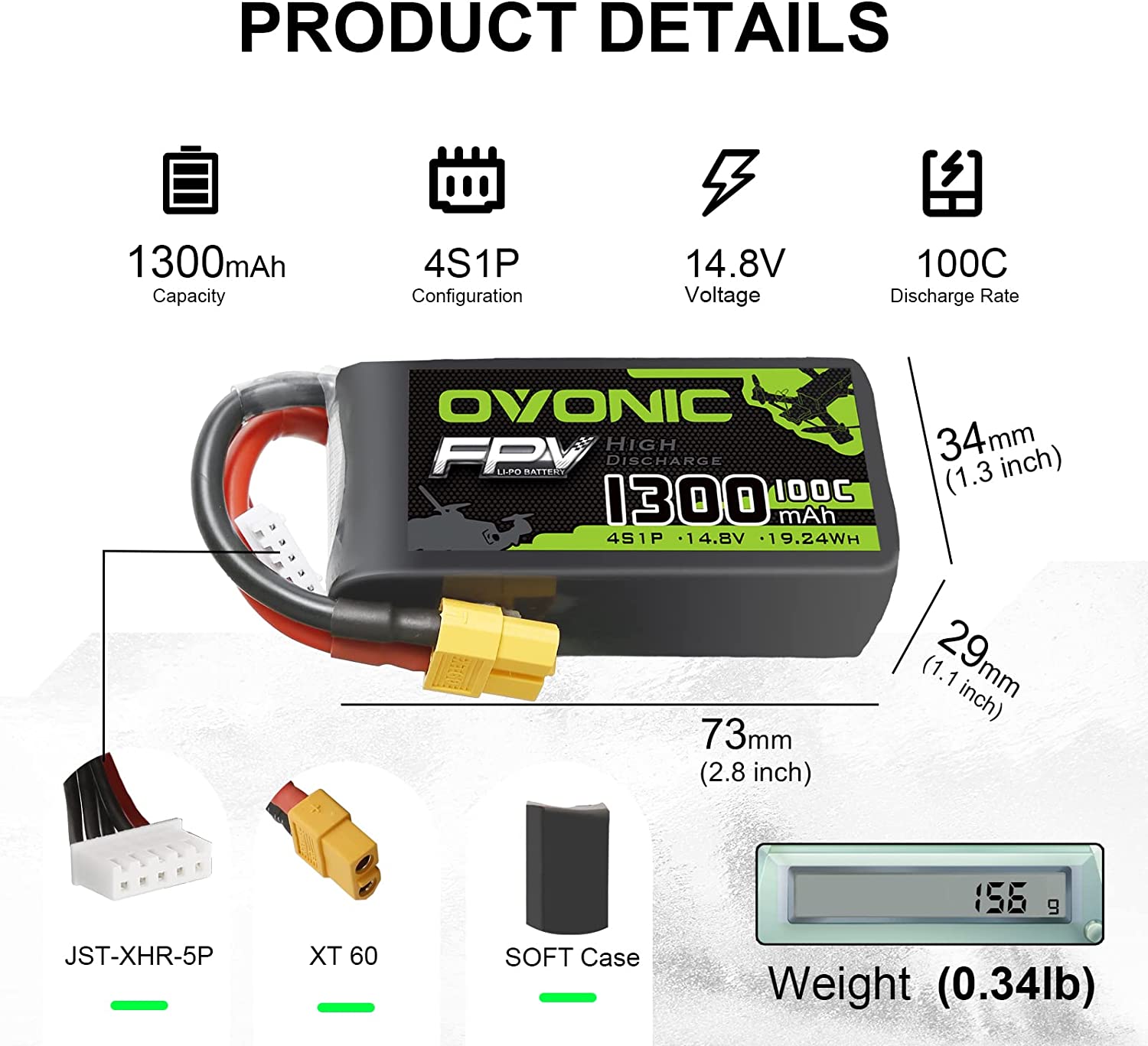 Set de 4 acumulatori Lipo 4S, 14.8 V, 1300 mAh, cu conector XT60, pentru FPV UAV RC, masina, avion, drona