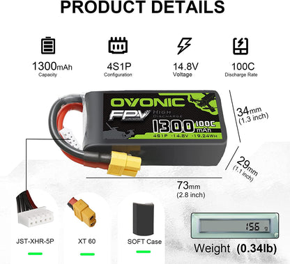 Set de 4 acumulatori Lipo 4S, 14.8 V, 1300 mAh, cu conector XT60, pentru FPV UAV RC, masina, avion, drona