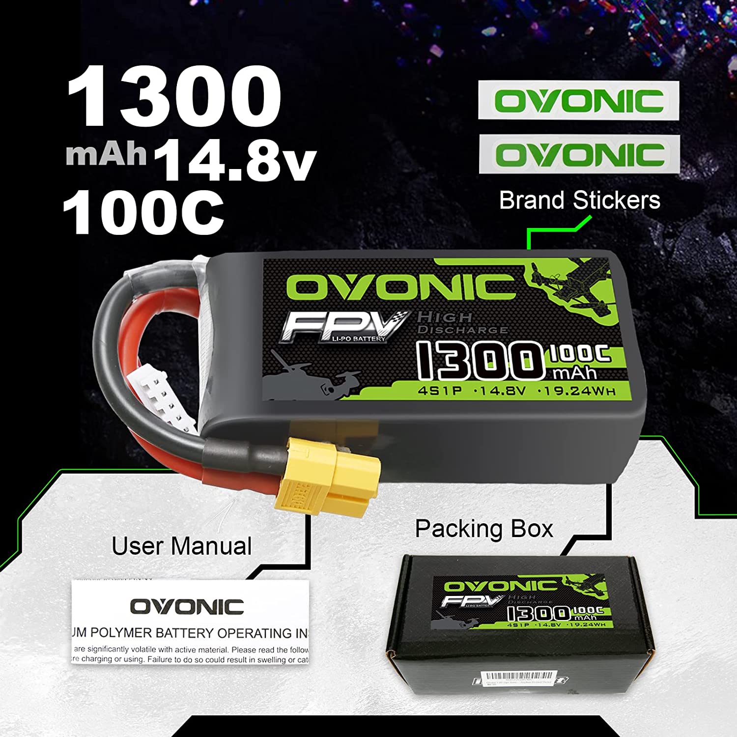 Set de 4 acumulatori Lipo 4S, 14.8 V, 1300 mAh, cu conector XT60, pentru FPV UAV RC, masina, avion, drona