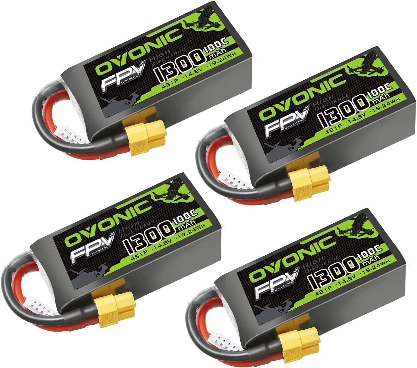 Set de 4 acumulatori Lipo 4S, 14.8 V, 1300 mAh, cu conector XT60, pentru FPV UAV RC, masina, avion, drona