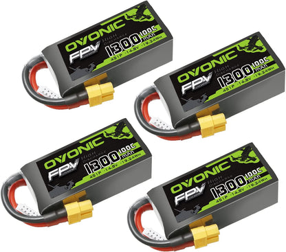 Set de 4 acumulatori Lipo 4S, 14.8 V, 1300 mAh, cu conector XT60, pentru FPV UAV RC, masina, avion, drona