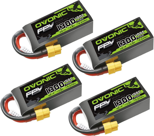 Set de 4 acumulatori Lipo 4S, 14.8 V, 1300 mAh, cu conector XT60, pentru FPV UAV RC, masina, avion, drona