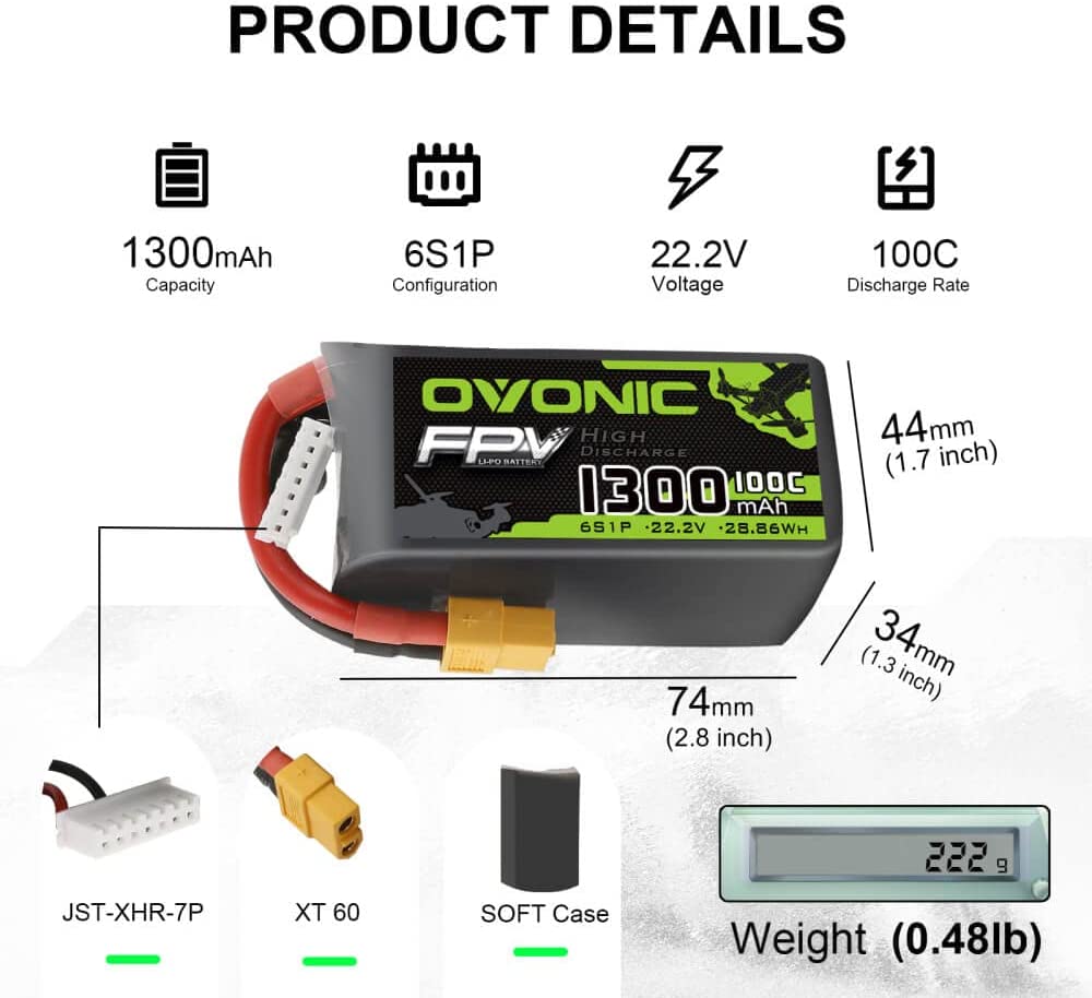 Set de 4 acumulatori Lipo 6S 22.2 V, 1300 mAh cu conector XT60, rata de descarcare 100C, pentru FPV RC masina, avion, drona
