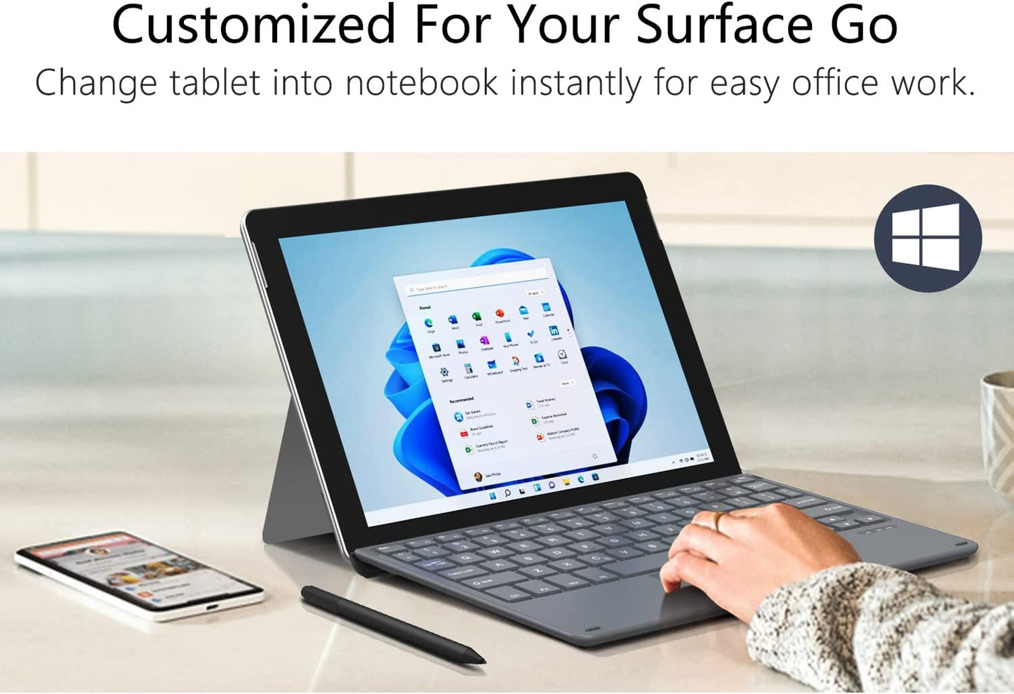 Tastatura Bluetooth compatibila cu Surface Go 3 2021/Surface Go 2 2020/Surface Go 2018, wireless, cu acumulator incorporat, gri