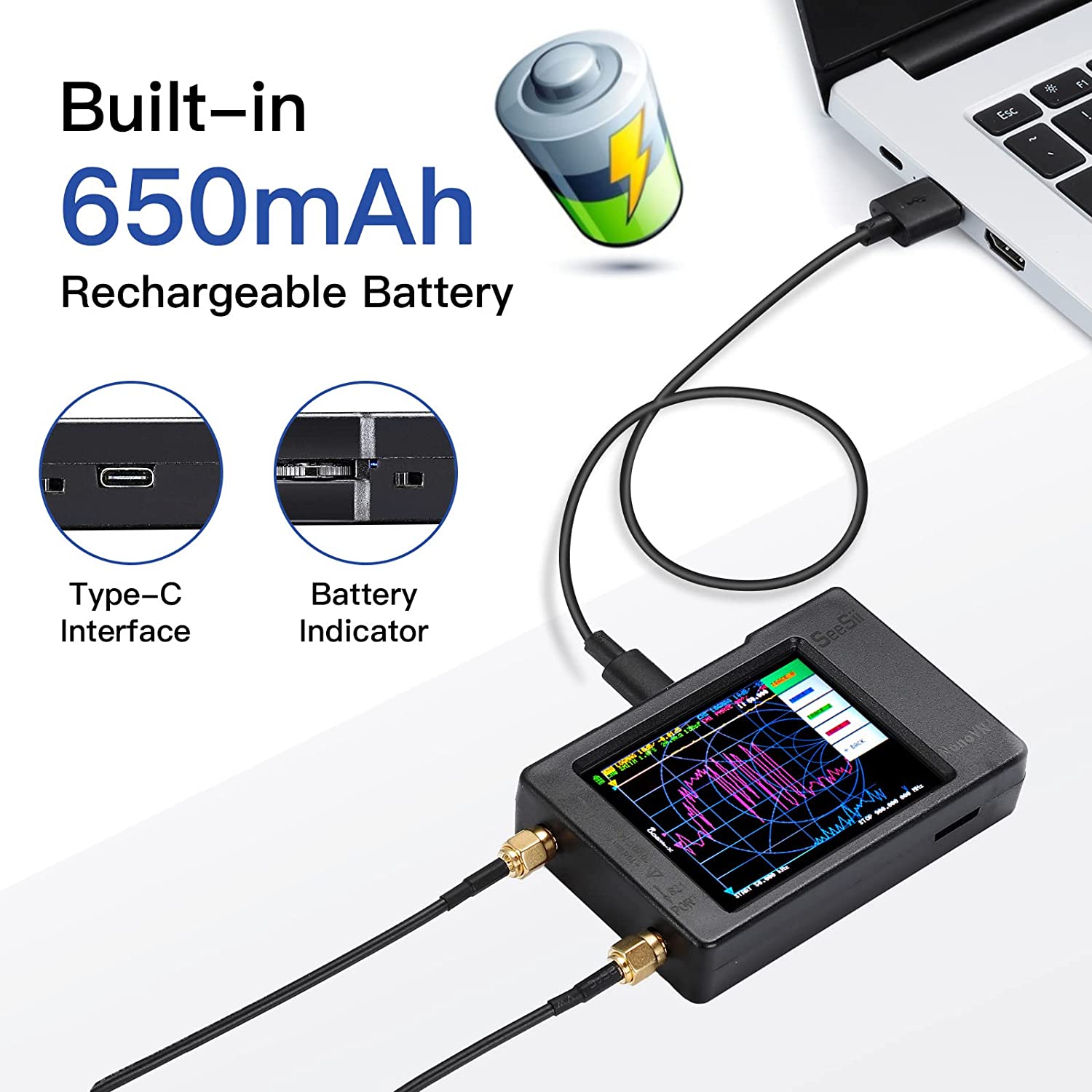 Analizor de retea antena, banda 10KHz-1.5GHz, antene MF/HF/VHF/UHF, cu touchscreen de 2.8 inch, USB C, slot card, NanoVNA-H
