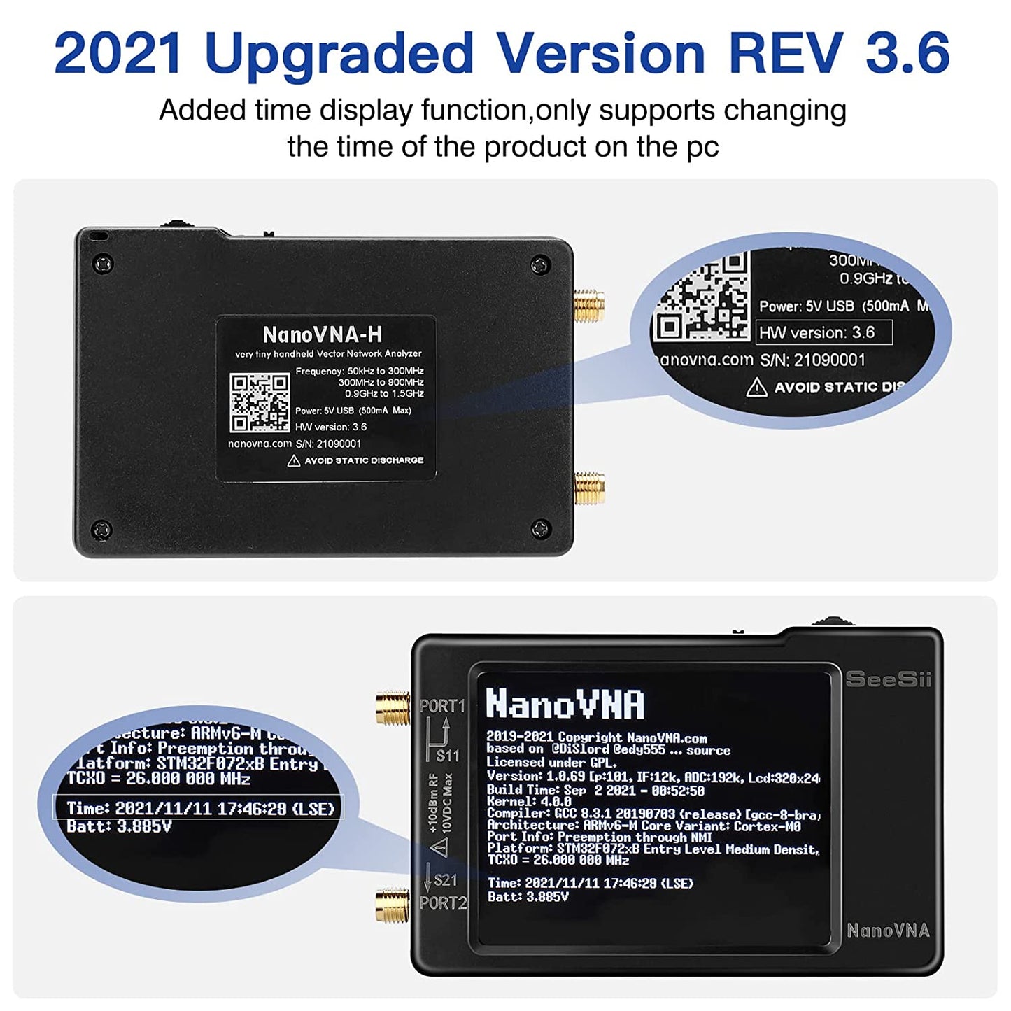 Analizor de retea antena, banda 10KHz-1.5GHz, antene MF/HF/VHF/UHF, cu touchscreen de 2.8 inch, USB C, slot card, NanoVNA-H