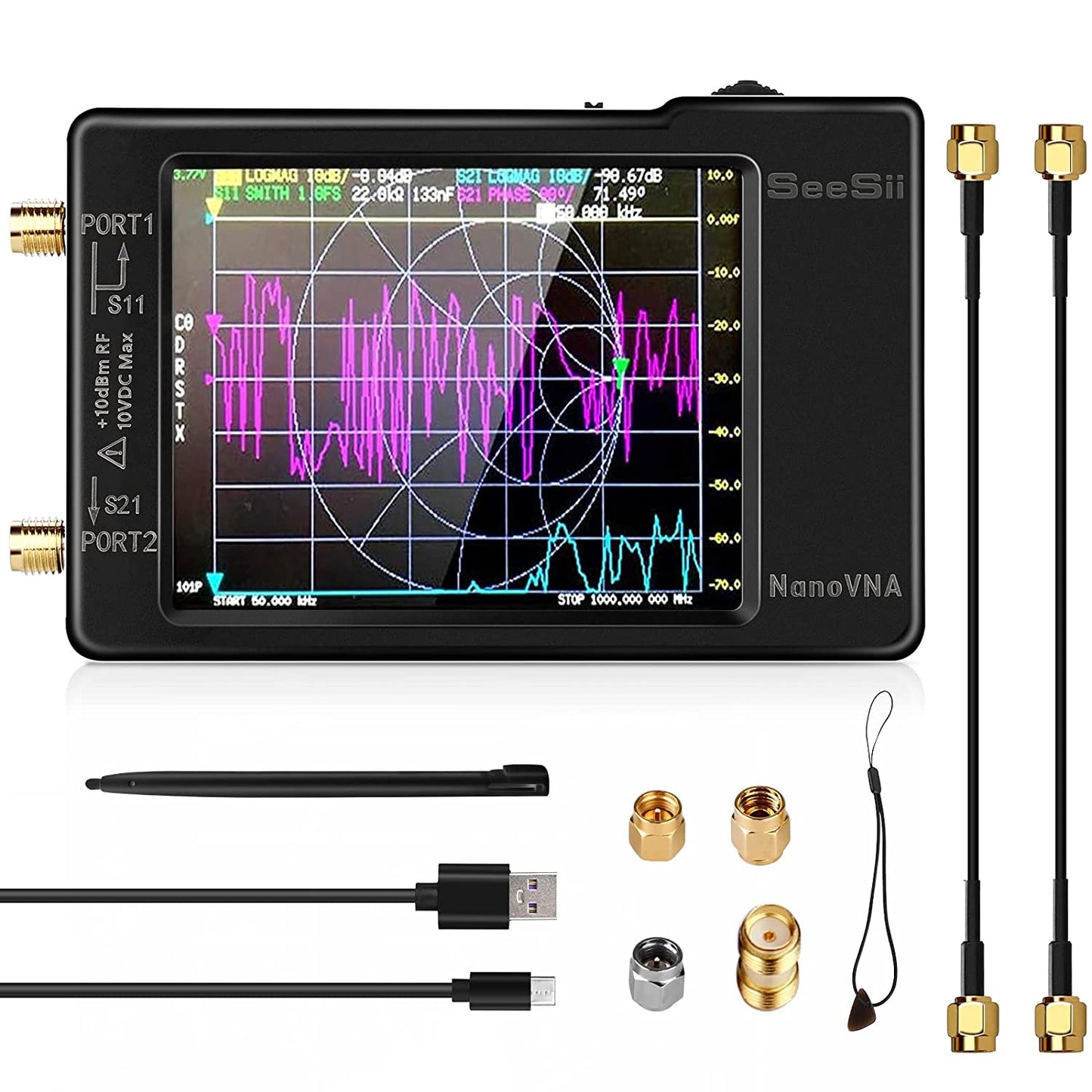Analizor de retea antena, banda 10KHz-1.5GHz, antene MF/HF/VHF/UHF, cu touchscreen de 2.8 inch, USB C, slot card, NanoVNA-H