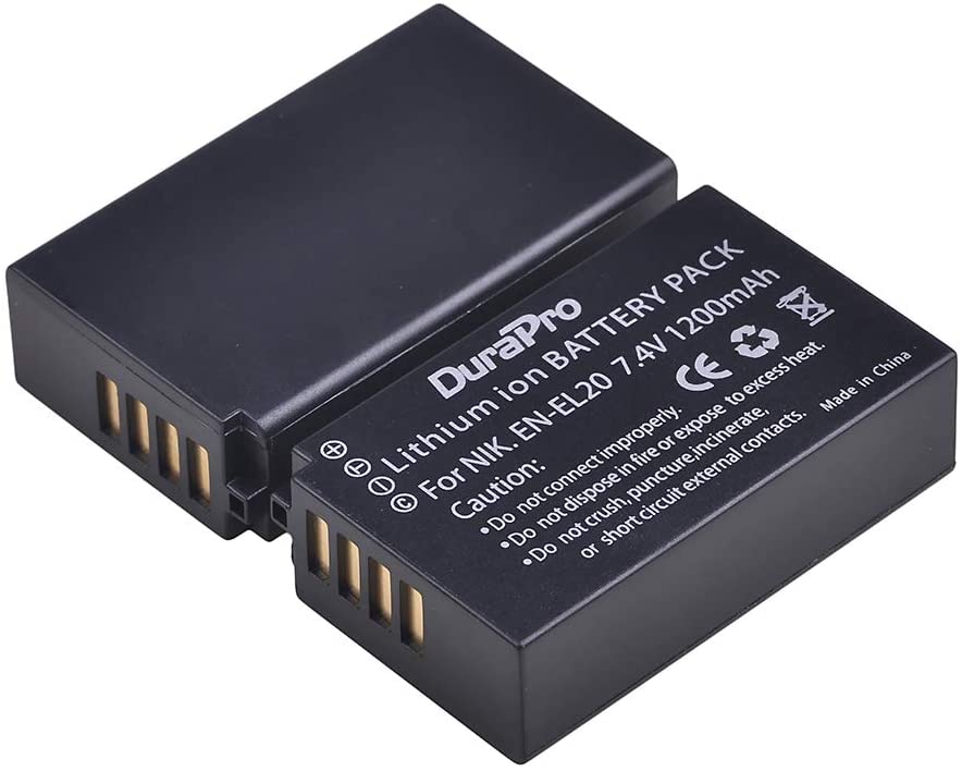 Set 2 acumulatori EN-EL20 si incarcatori cu display LCD, 1200 mAh, 7.4 V, compatibili cu Nikon EN-EL20, EN-EL20a; Nikon 1 J1, Nikon 1 J2, Nikon 1 J3, Nikon 1 S1, Nikon 1 V3, Nikon Coolpix A, Nikon 1 AW1