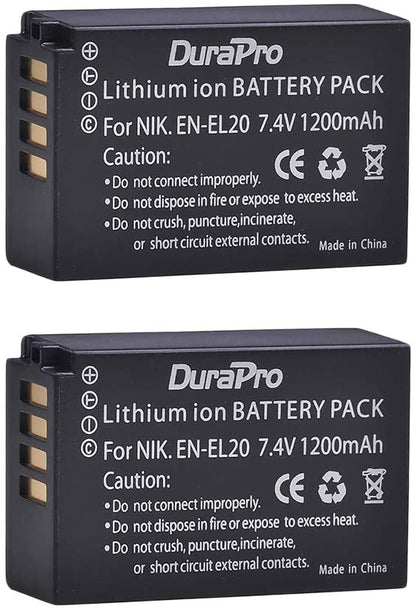 Set 2 acumulatori EN-EL20 si incarcatori cu display LCD, 1200 mAh, 7.4 V, compatibili cu Nikon EN-EL20, EN-EL20a; Nikon 1 J1, Nikon 1 J2, Nikon 1 J3, Nikon 1 S1, Nikon 1 V3, Nikon Coolpix A, Nikon 1 AW1
