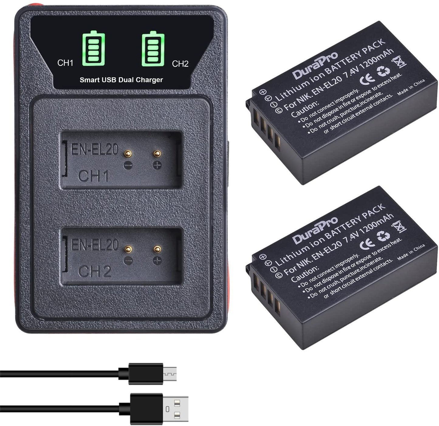 Set 2 acumulatori EN-EL20 si incarcatori cu display LCD, 1200 mAh, 7.4 V, compatibili cu Nikon EN-EL20, EN-EL20a; Nikon 1 J1, Nikon 1 J2, Nikon 1 J3, Nikon 1 S1, Nikon 1 V3, Nikon Coolpix A, Nikon 1 AW1