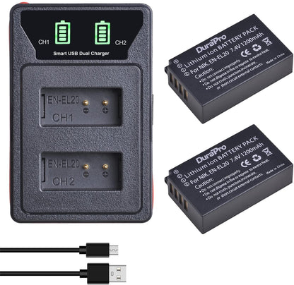 Set 2 acumulatori EN-EL20 si incarcatori cu display LCD, 1200 mAh, 7.4 V, compatibili cu Nikon EN-EL20, EN-EL20a; Nikon 1 J1, Nikon 1 J2, Nikon 1 J3, Nikon 1 S1, Nikon 1 V3, Nikon Coolpix A, Nikon 1 AW1