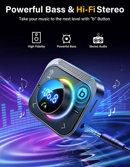 Modulator FM cu Bluetooth 5.3, cu incarcator rapid 30W PD si QC 18W, Jack 3.5mm, slot card, sunet Stereo HiFi, Bass-Boost, functie handsfree, Joyroom