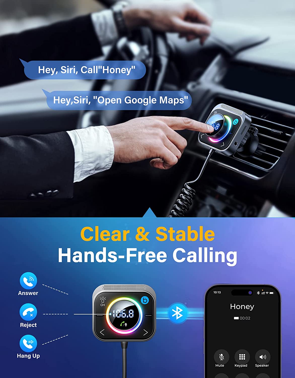 Modulator FM cu Bluetooth 5.3, cu incarcator rapid 30W PD si QC 18W, Jack 3.5mm, slot card, sunet Stereo HiFi, Bass-Boost, functie handsfree, Joyroom