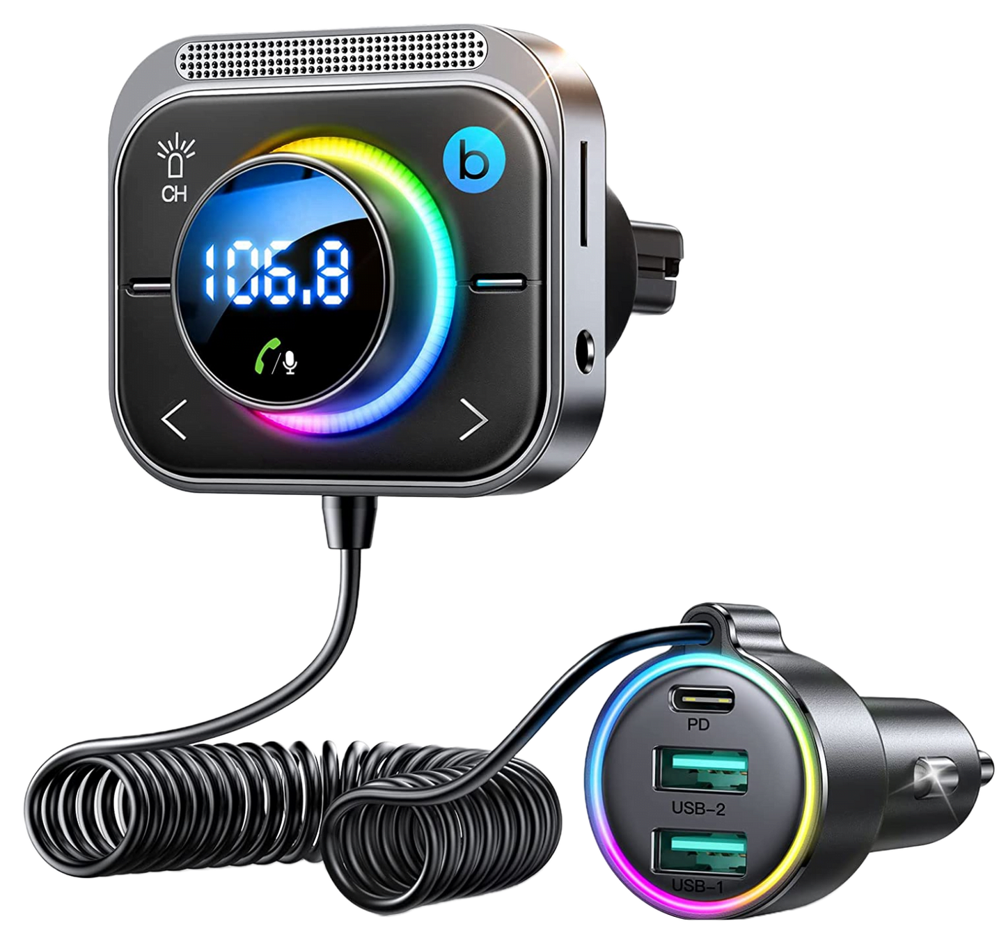 Modulator FM cu Bluetooth 5.3, cu incarcator rapid 30W PD si QC 18W, Jack 3.5mm, slot card, sunet Stereo HiFi, Bass-Boost, functie handsfree, Joyroom