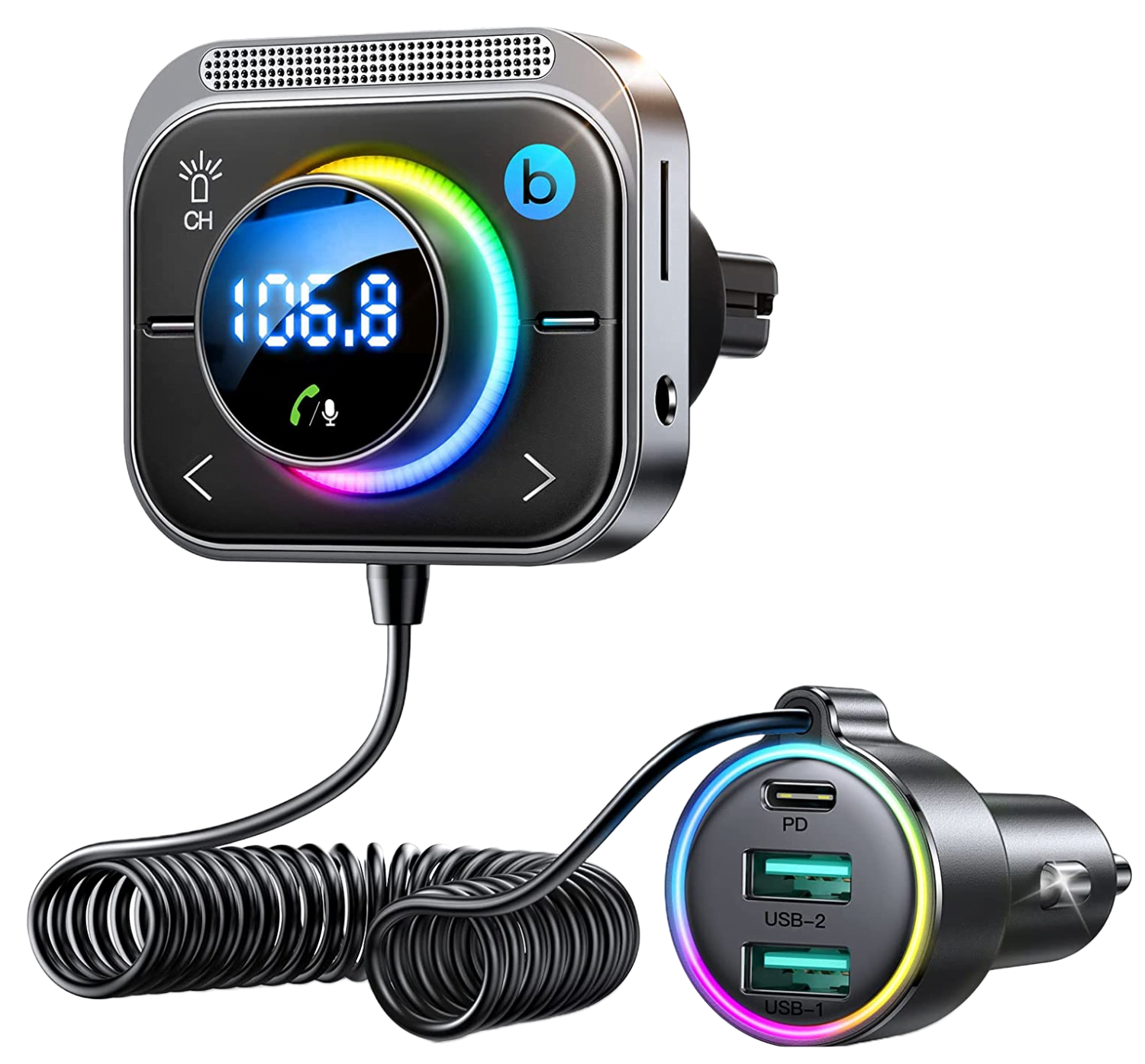 Modulator FM cu Bluetooth 5.3, cu incarcator rapid 30W PD si QC 18W, Jack 3.5mm, slot card, sunet Stereo HiFi, Bass-Boost, functie handsfree, Joyroom