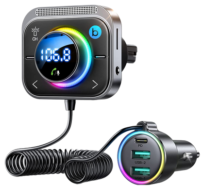 Modulator FM cu Bluetooth 5.3, cu incarcator rapid 30W PD si QC 18W, Jack 3.5mm, slot card, sunet Stereo HiFi, Bass-Boost, functie handsfree, Joyroom