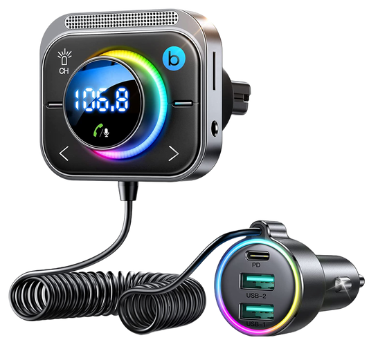 Modulator FM cu Bluetooth 5.3, cu incarcator rapid 30W PD si QC 18W, Jack 3.5mm, slot card, sunet Stereo HiFi, Bass-Boost, functie handsfree, Joyroom