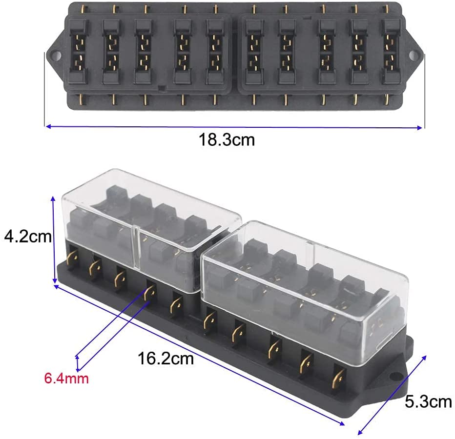 Set panou sigurante auto cu 10 iesiri, 12-32V, cu 10 sigurante auto intre 3A si 40A, cu 18 conectori auto si capac de protectie, pentru masina, rulota, barca, autoutilitara