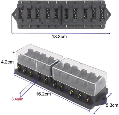 Set panou sigurante auto cu 10 iesiri, 12-32V, cu 10 sigurante auto intre 3A si 40A, cu 18 conectori auto si capac de protectie, pentru masina, rulota, barca, autoutilitara
