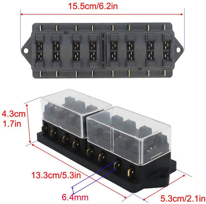 Set panou sigurante auto cu 8 iesiri, 12-32V, de la 1 la 40A, cu 10 sigurante intre 3 si 40A, cu 16 conectori auto si capac de protectie, pentru masina, barca, rulota, autoutilitara